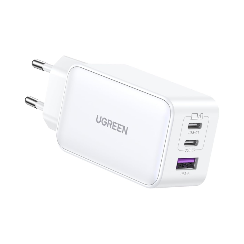 شاحن يوجرين Nexode X553 GaN PD بقوة 65 واط ثلاثي المنافذ (2×USB‑C + USB‑A)